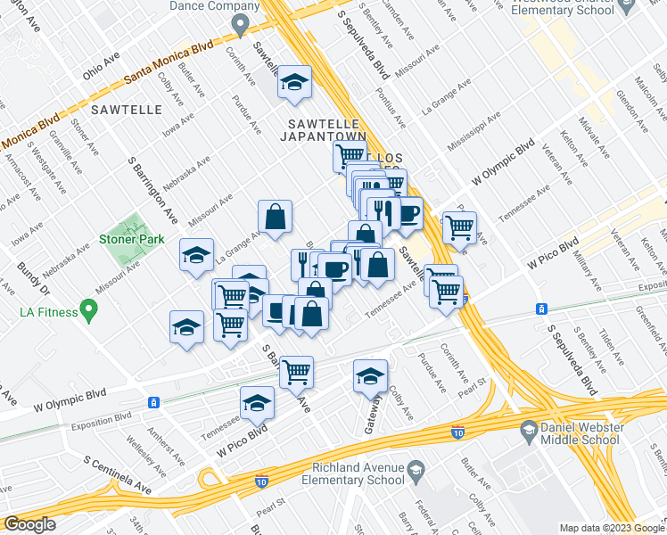 map of restaurants, bars, coffee shops, grocery stores, and more near 11511 West Olympic Boulevard in Los Angeles