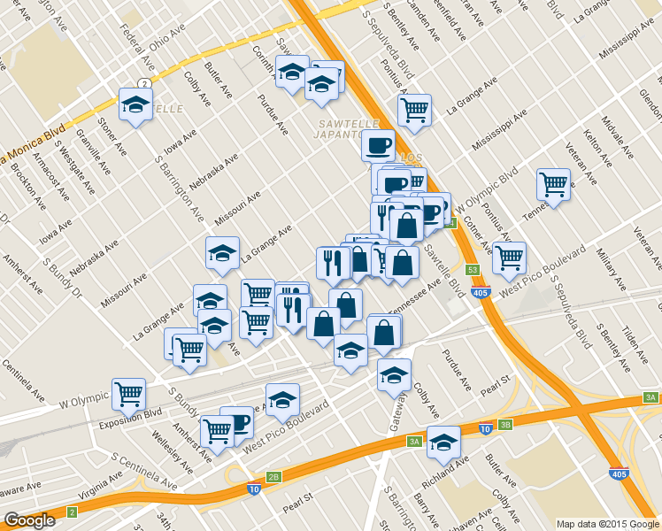 map of restaurants, bars, coffee shops, grocery stores, and more near 2125 Colby Avenue in Los Angeles