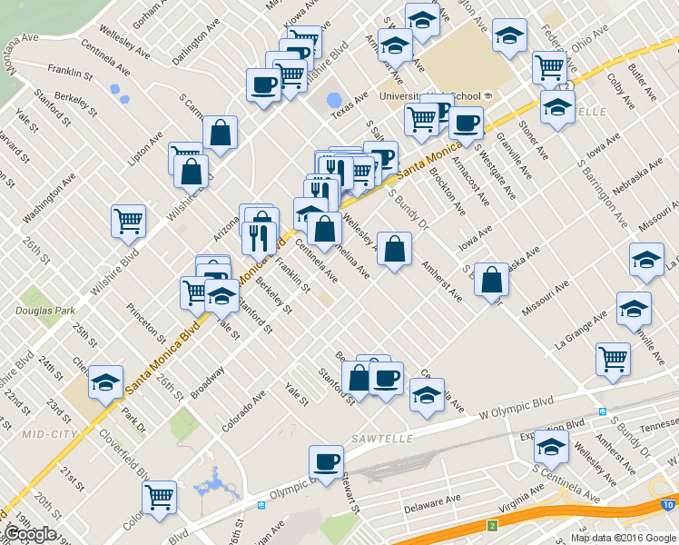 map of restaurants, bars, coffee shops, grocery stores, and more near 1535 Centinela Avenue in Los Angeles