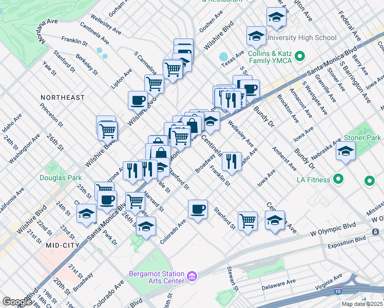 map of restaurants, bars, coffee shops, grocery stores, and more near 1433 Berkeley Street in Santa Monica