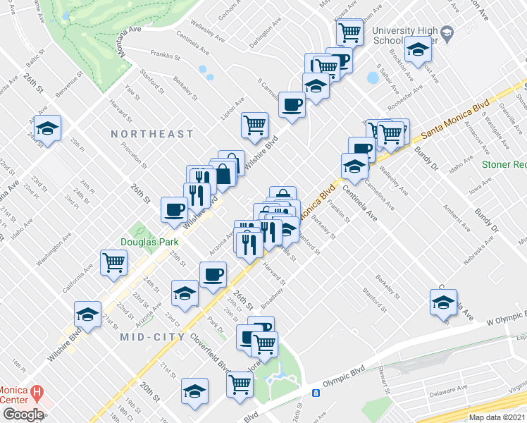 map of restaurants, bars, coffee shops, grocery stores, and more near 2832 Arizona Avenue in Santa Monica
