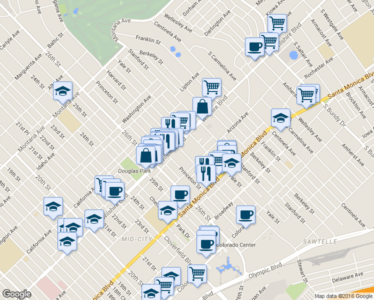 map of restaurants, bars, coffee shops, grocery stores, and more near 2803 Arizona Avenue in Santa Monica
