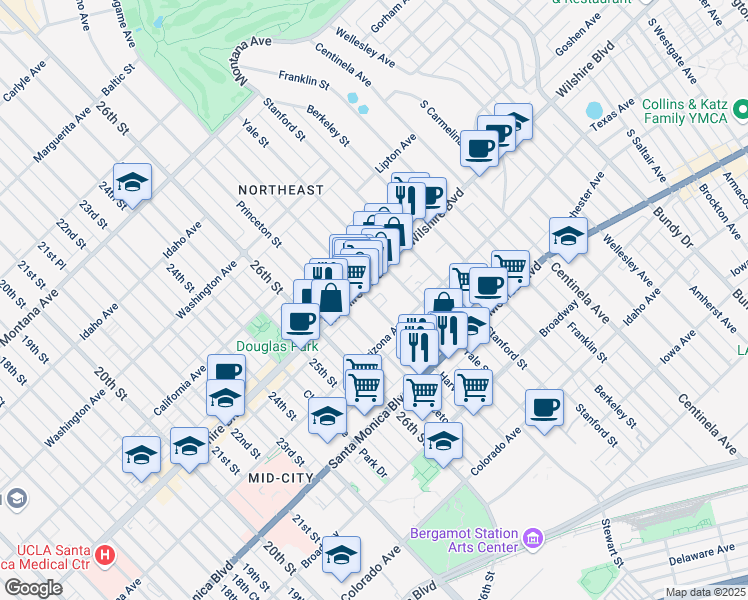 map of restaurants, bars, coffee shops, grocery stores, and more near 2803 Arizona Avenue in Santa Monica