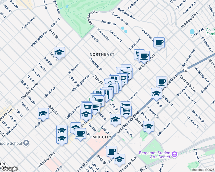 map of restaurants, bars, coffee shops, grocery stores, and more near 1119 25th Street in Santa Monica