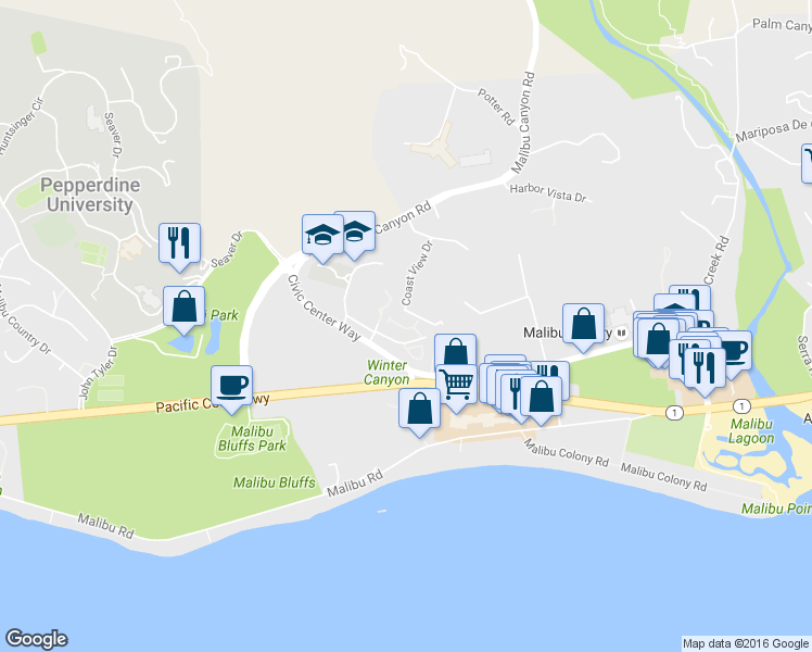 map of restaurants, bars, coffee shops, grocery stores, and more near 23902 De Ville Way in Malibu