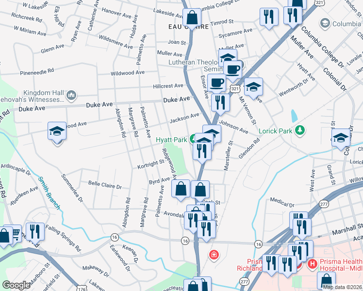map of restaurants, bars, coffee shops, grocery stores, and more near 3712 Fern Avenue in Columbia
