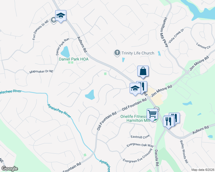 map of restaurants, bars, coffee shops, grocery stores, and more near 1384 Belfaire Lake Tr in Dacula