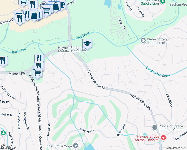 map of restaurants, bars, coffee shops, grocery stores, and more near 2715 Woods Ridge Drive in Alpharetta