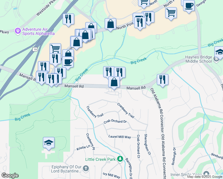 map of restaurants, bars, coffee shops, grocery stores, and more near 1105 Jardin Court in Alpharetta