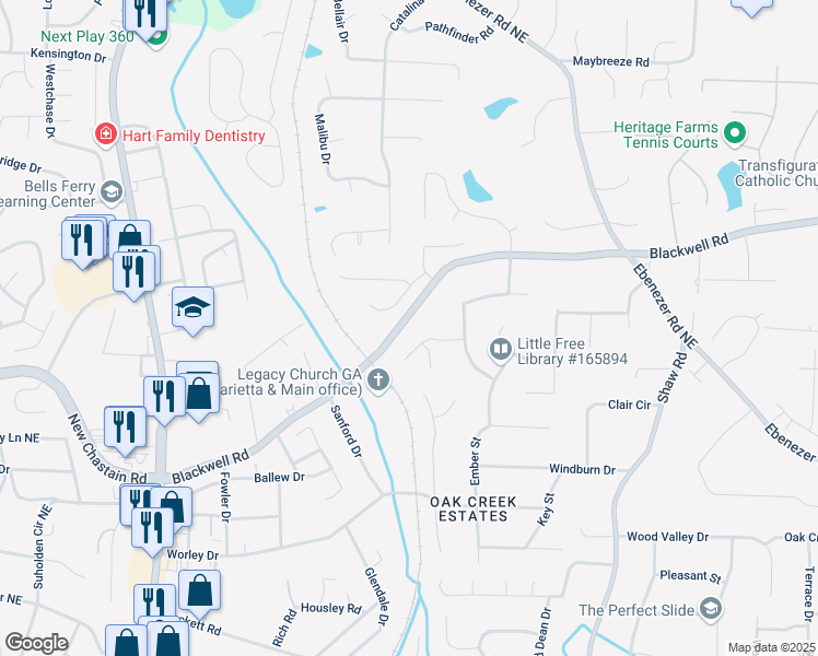 map of restaurants, bars, coffee shops, grocery stores, and more near 1110 Blackwell Road in Marietta