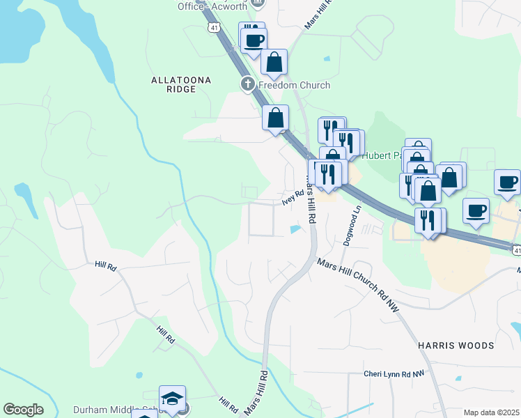 map of restaurants, bars, coffee shops, grocery stores, and more near 4961 Ivey Road in Acworth