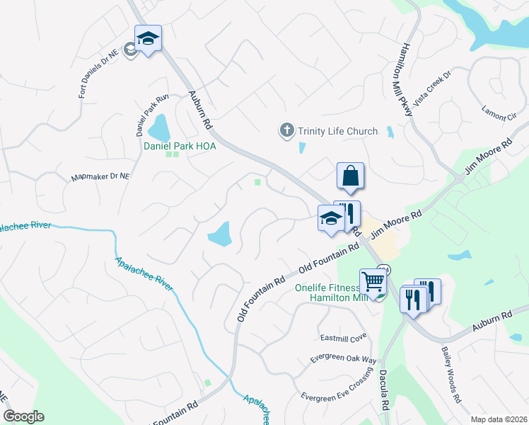 map of restaurants, bars, coffee shops, grocery stores, and more near 1384 Belfaire Lake Tr in Dacula