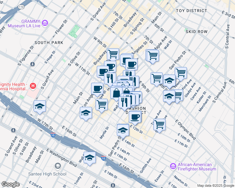 map of restaurants, bars, coffee shops, grocery stores, and more near 501 East 11th Street in Los Angeles