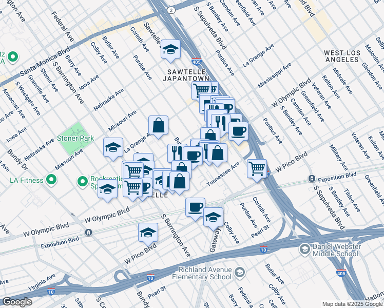 map of restaurants, bars, coffee shops, grocery stores, and more near 11511 West Olympic Boulevard in Los Angeles