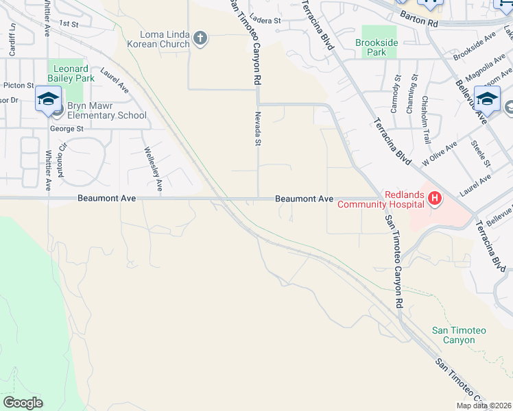 map of restaurants, bars, coffee shops, grocery stores, and more near 26875 Beaumont Avenue in Redlands
