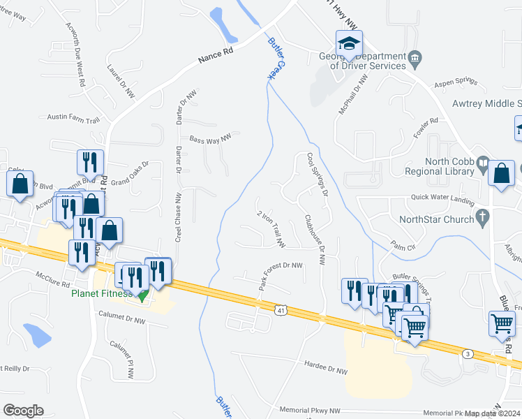 map of restaurants, bars, coffee shops, grocery stores, and more near 440 2 Iron Trail Northwest in Kennesaw