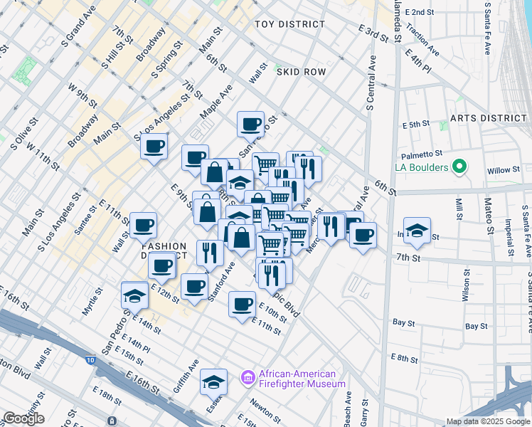 map of restaurants, bars, coffee shops, grocery stores, and more near 905 East 8th Street in Los Angeles