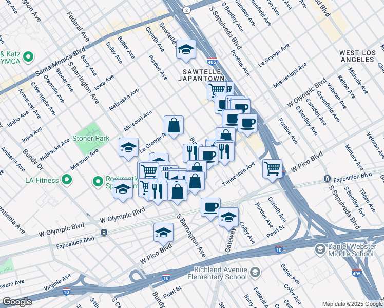 map of restaurants, bars, coffee shops, grocery stores, and more near 2125 Colby Avenue in Los Angeles