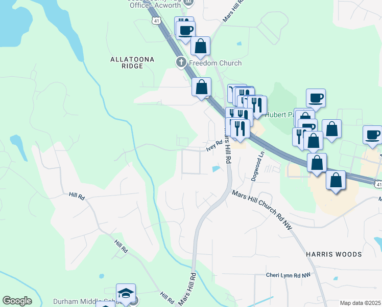 map of restaurants, bars, coffee shops, grocery stores, and more near 4961 Ivey Road in Acworth