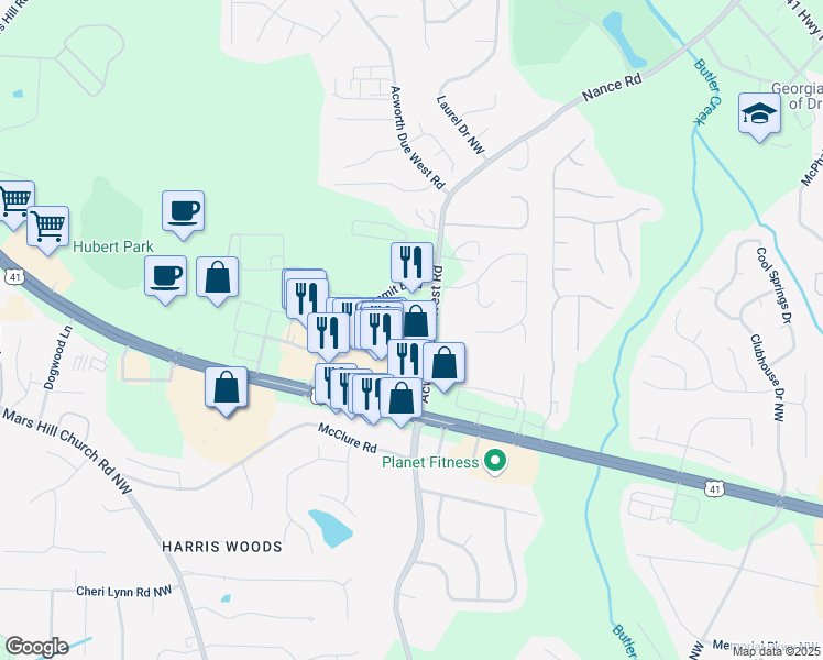 map of restaurants, bars, coffee shops, grocery stores, and more near 3459 Acworth Due West Road in Acworth