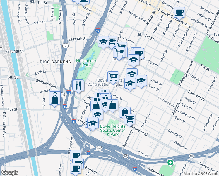 map of restaurants, bars, coffee shops, grocery stores, and more near 619 South Soto Street in Los Angeles