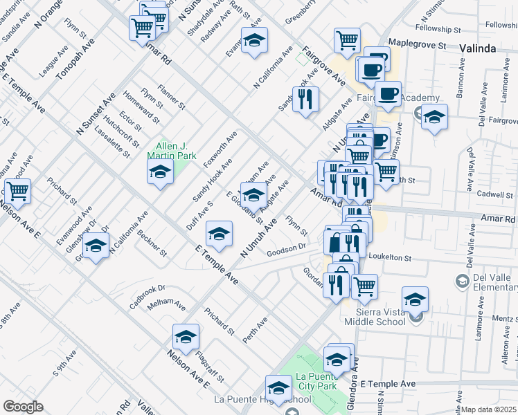 map of restaurants, bars, coffee shops, grocery stores, and more near 747 Aldgate Avenue in La Puente