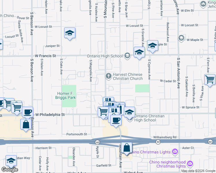 map of restaurants, bars, coffee shops, grocery stores, and more near 2003 South Mountain Avenue in Ontario