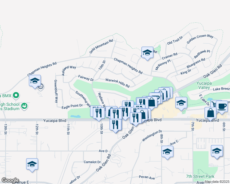 map of restaurants, bars, coffee shops, grocery stores, and more near 33421 Wallace Way in Yucaipa