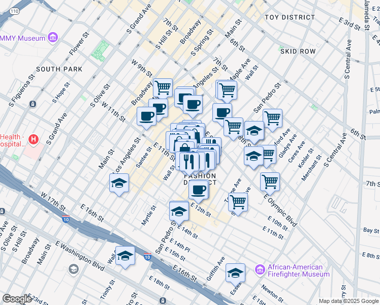 map of restaurants, bars, coffee shops, grocery stores, and more near 1022 San Julian Street in Los Angeles