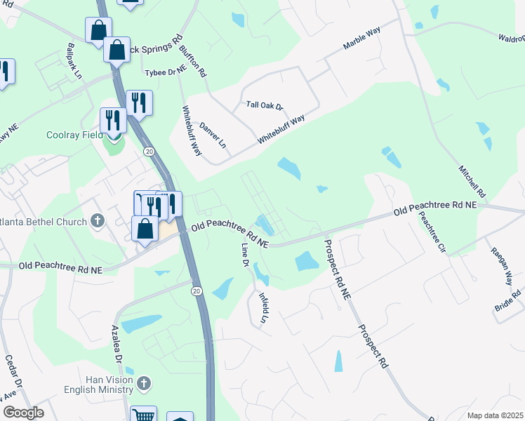 map of restaurants, bars, coffee shops, grocery stores, and more near 2676 Whistler Way Northeast in Lawrenceville