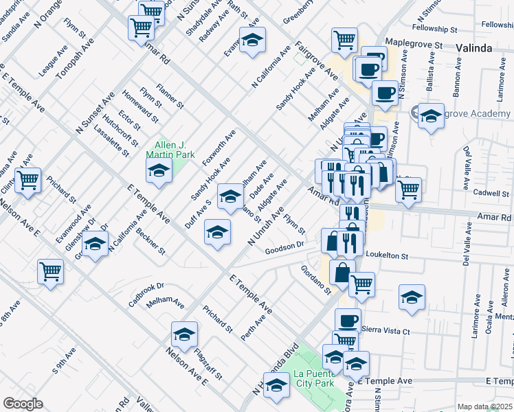 map of restaurants, bars, coffee shops, grocery stores, and more near 747 Aldgate Avenue in La Puente