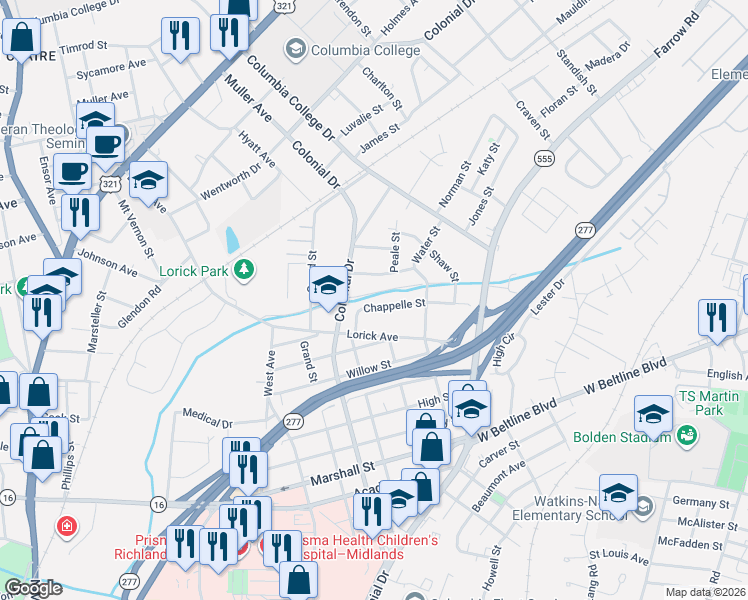 map of restaurants, bars, coffee shops, grocery stores, and more near 2252 Chappelle Street in Columbia