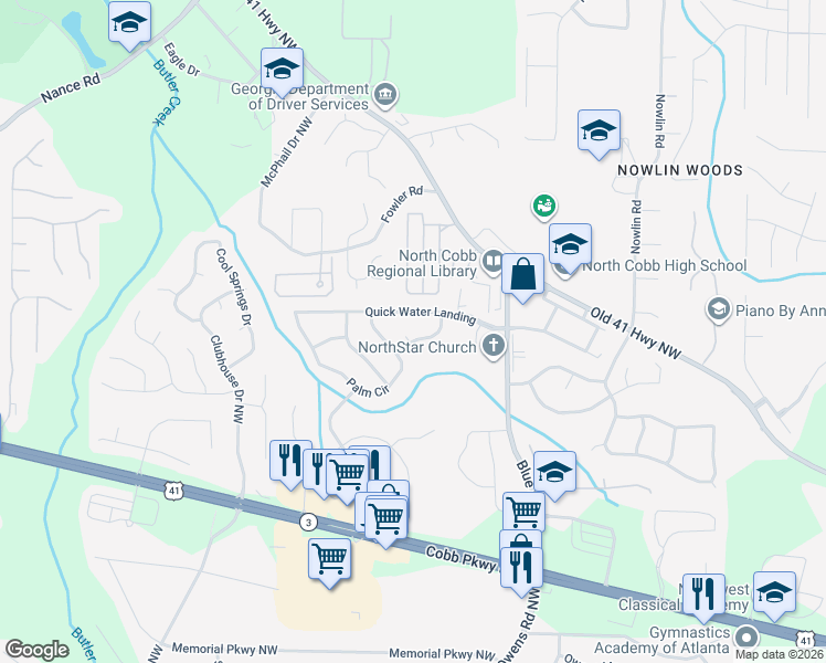 map of restaurants, bars, coffee shops, grocery stores, and more near 3478 Northfield Way in Kennesaw