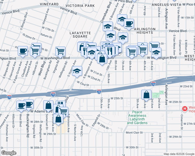 map of restaurants, bars, coffee shops, grocery stores, and more near 4016 West 22nd Place in Los Angeles