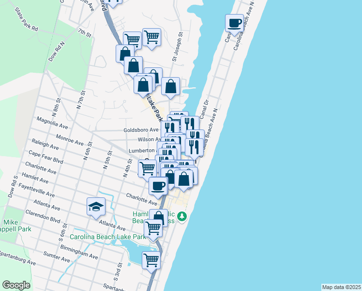 map of restaurants, bars, coffee shops, grocery stores, and more near 104 Carl Winner Drive in Carolina Beach