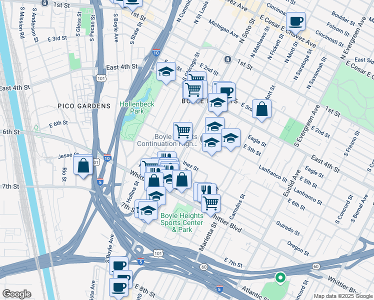 map of restaurants, bars, coffee shops, grocery stores, and more near 2418 East 6th Street in Los Angeles