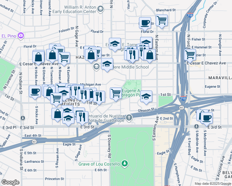 map of restaurants, bars, coffee shops, grocery stores, and more near 133 North Sunol Drive in Los Angeles