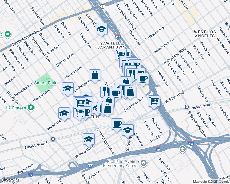 map of restaurants, bars, coffee shops, grocery stores, and more near 2140 Butler Avenue in Los Angeles