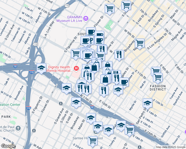 map of restaurants, bars, coffee shops, grocery stores, and more near 1330 South Olive Street in Los Angeles