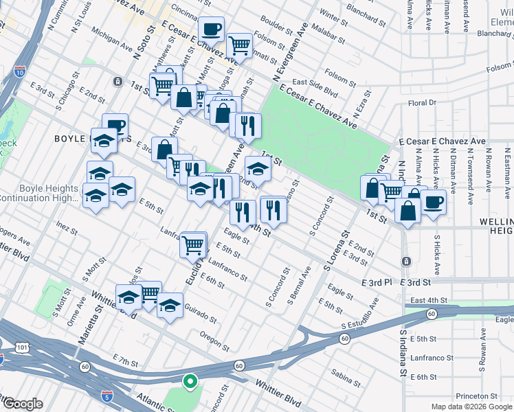 map of restaurants, bars, coffee shops, grocery stores, and more near 3055 East 4th Street in Los Angeles