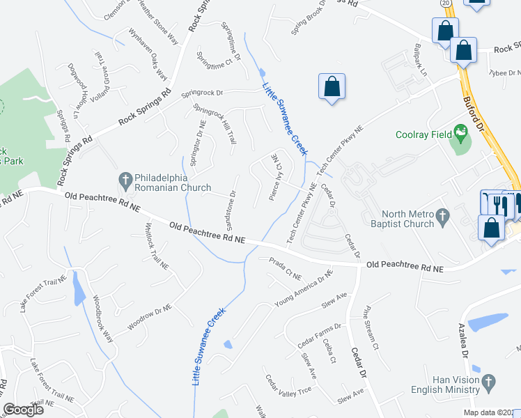 map of restaurants, bars, coffee shops, grocery stores, and more near 2553 Pierce Brennen Court Northeast in Lawrenceville
