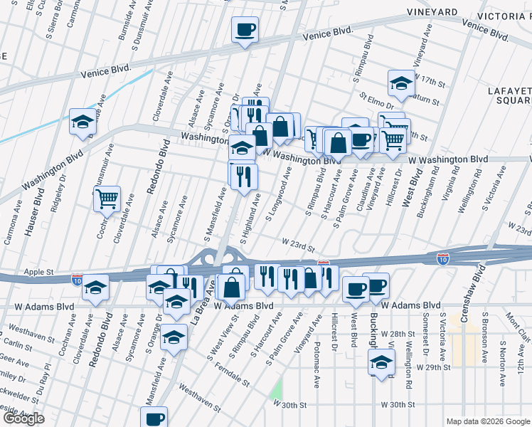 map of restaurants, bars, coffee shops, grocery stores, and more near 2216 South Longwood Avenue in Los Angeles