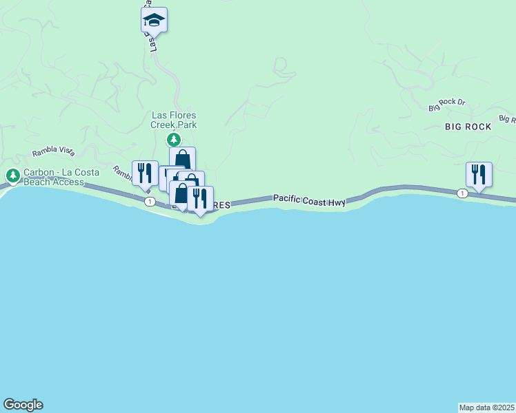 map of restaurants, bars, coffee shops, grocery stores, and more near 21016 Pacific Coast Highway in Malibu