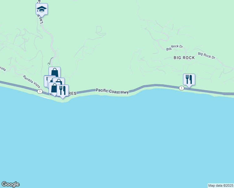 map of restaurants, bars, coffee shops, grocery stores, and more near 20638 California 1 in Malibu