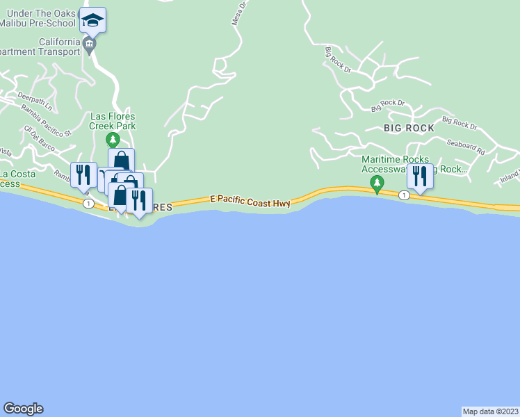 map of restaurants, bars, coffee shops, grocery stores, and more near 20836 Pacific Coast Highway in Malibu