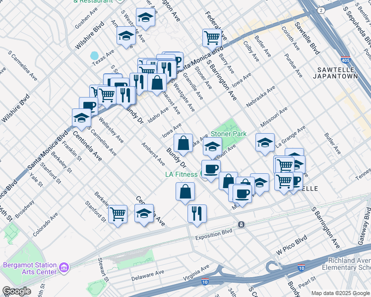 map of restaurants, bars, coffee shops, grocery stores, and more near 1808 South Bundy Drive in Los Angeles