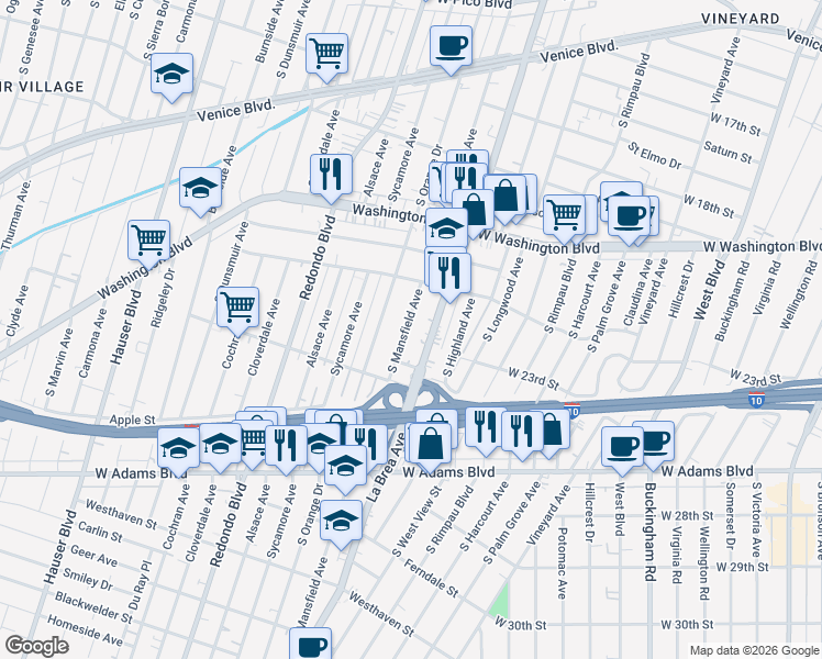 map of restaurants, bars, coffee shops, grocery stores, and more near 2290 South Mansfield Avenue in Los Angeles