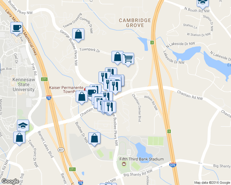 map of restaurants, bars, coffee shops, grocery stores, and more near 555 Chastain Road Northwest in Kennesaw
