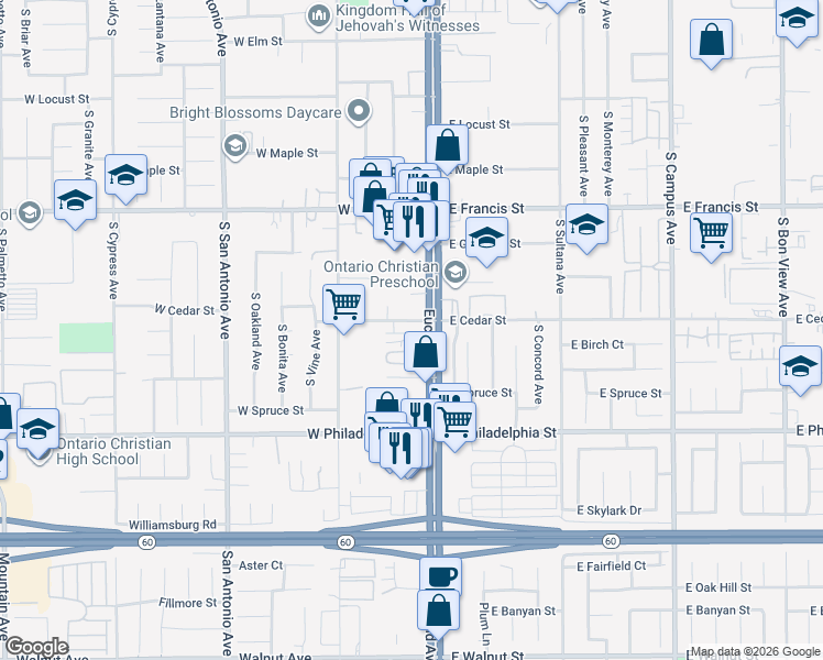 map of restaurants, bars, coffee shops, grocery stores, and more near 115 West Cedar Street in Ontario