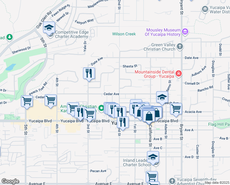map of restaurants, bars, coffee shops, grocery stores, and more near 11960 2nd Street in Yucaipa